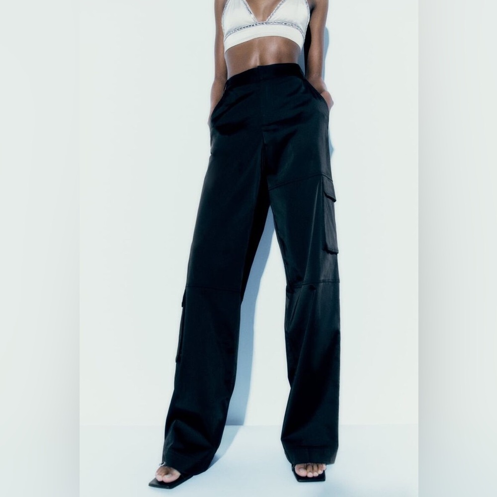 Zara Black Satin Cargo Pants Size Small